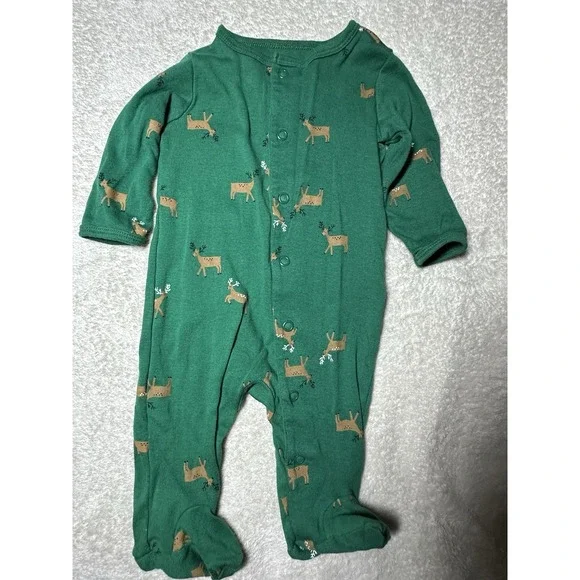 Carter's Baby Sleeper Button Snaps Green With Deer Christmas Holiday 3 Months