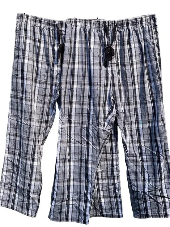 Men XL 40-42in Hanes Tagless Woven Stretch Plaid Pajama Lounge Pants Grey Black