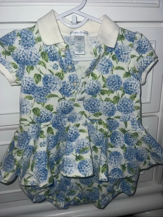 New Ralph Lauren Baby Girls Blue Hydrangea Polo Dress one piece formal 6M new