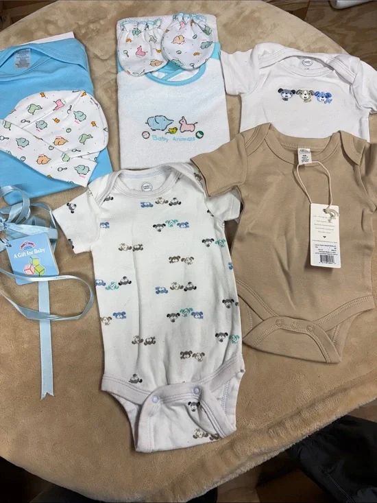 Neutral & Blue Baby One-Piece Bodysuits Pack & Wash Cloth Set