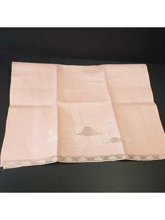 VTG Linen Fingertip Guest Towel Pink Embroidered Pagoda Bird Tree Pulled Thread