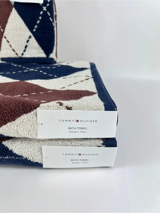 Tommy Hilfiger 8 Pc Bath Towel Set Cream Navy Brown Argyle 100% Cotton NEW