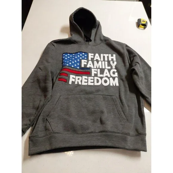 American Legends Sweatshirt Men’s XL Gray Hooded Faith Family Flag Freedom