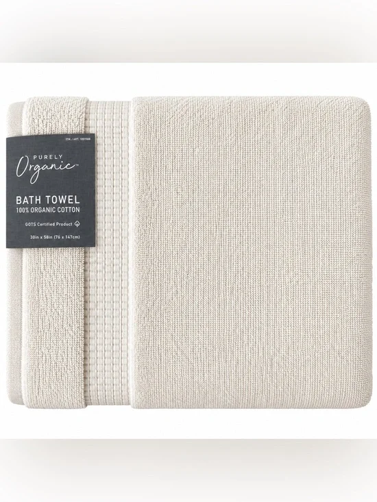 Purely Organic 2 Pack Organic Cotton Bath Towels 30x58 Cream