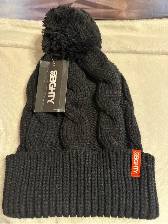 80eighty black cable knit pom beanie new with tags