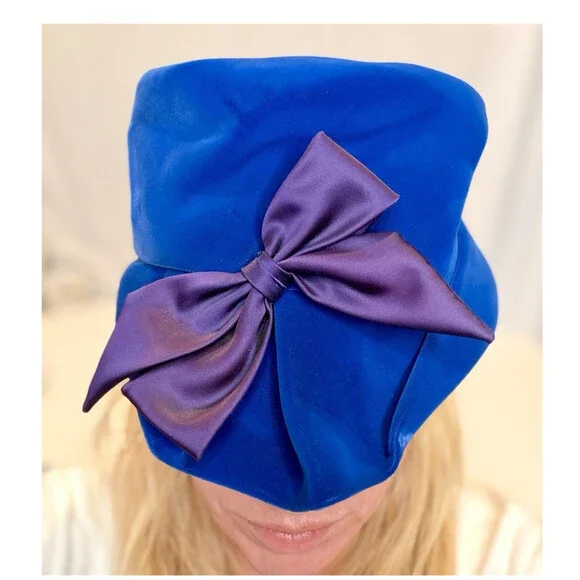 Blue Velvet Cloche Hat Purple Bow Accent Classic Formal Party One Size