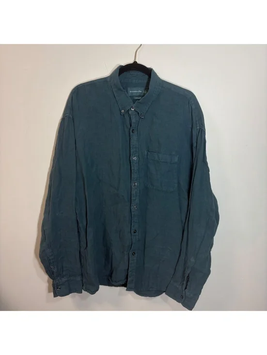 Abercrombie & Fitch Men's Dark Teal Green 100% Linen Button Down - Men's XL