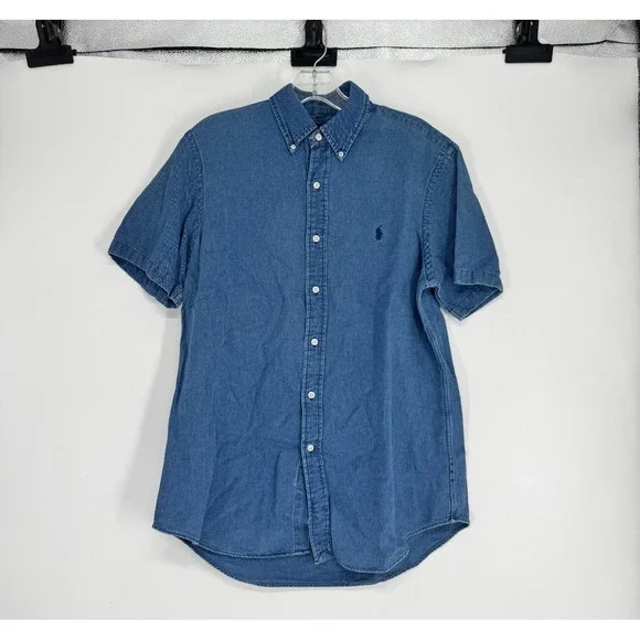 Polo Ralph Lauren Shirt Mens Medium Jean Denim Short Sleeve Button Down Pony
