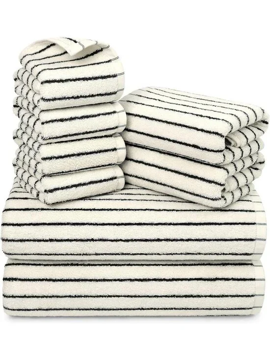 8-Piece Soft & Absorbent Black Ivory Towel Set - Luxurious Cotton Stripes