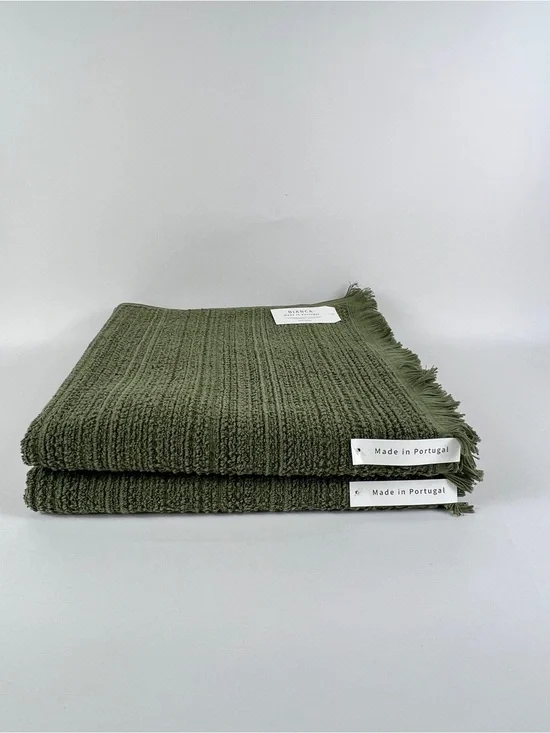 Bianca 2 Pc Bath Towel Set With Fringe 100% Cotton Olive Green Textured NEW