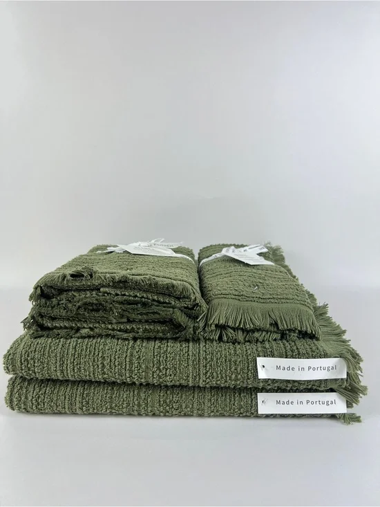 Bianca 6 Pc Bath Towel Set With Fringe 100% Cotton Olive Green Textured NEW