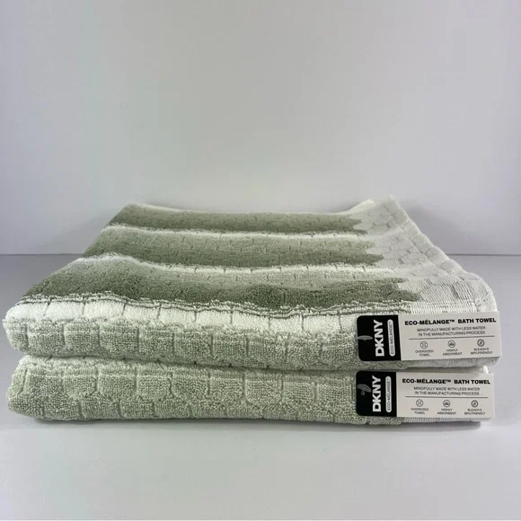DKNY Eco-Melange Bath Towels Set of 2 Oversized Green White Striped Cotton NEW