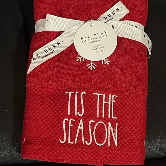 Rae Dunn Red Hand Towels with Snowflake Design