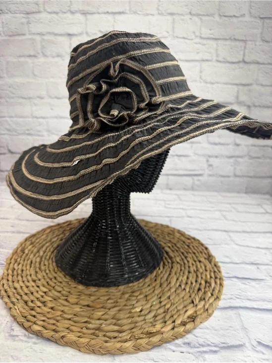 Milani Black Wide-Brim Sun Hat with Tan Stripes and Flower Accent