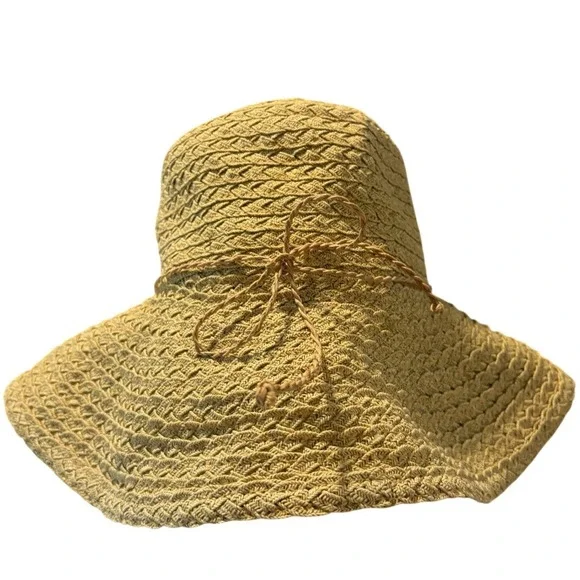 Talbots‎ Woven Straw Sun Hat Wide Brim Paper Cotton Blend With Bow Natural Tan