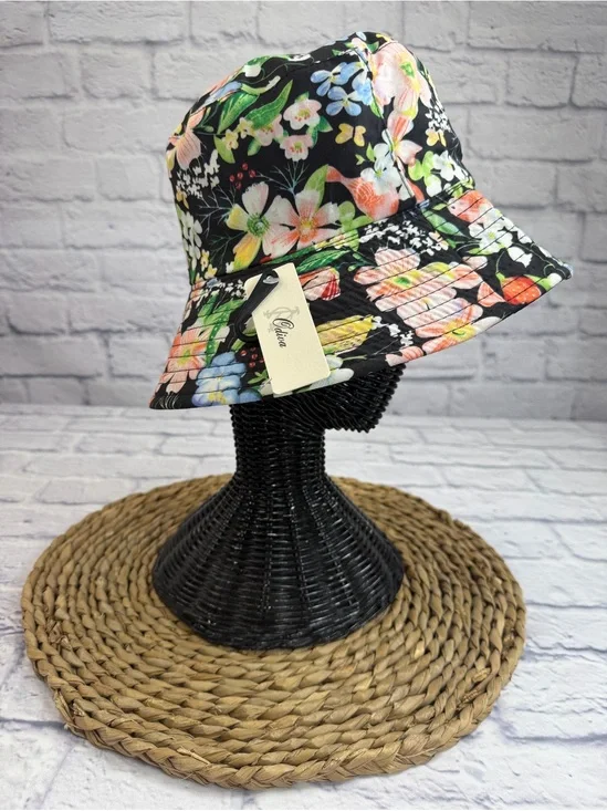 NWT Odiva Floral Bucket Hat - Black with Pink, Green & Blue Flowers