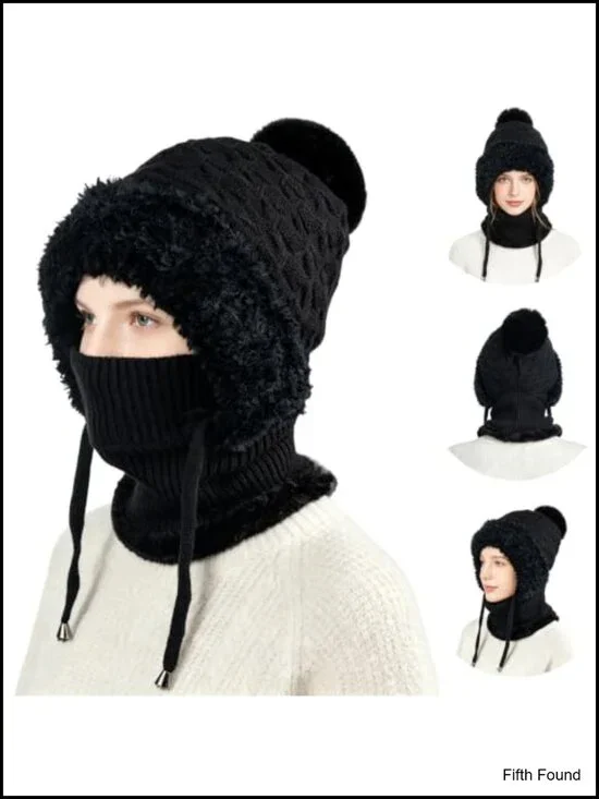 3-in-1 Knit Beanie Hat with Scarf & Mask Balaclava Women Winter