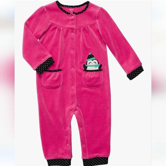 3/$20🌟Carter's Pink Long Sleeve One Piece Velour Winter Penguin Coverall 6 mos