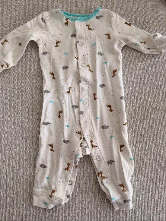 Carter's white Footed One-Piece with Brown & Gray zoo Animal Print and Teal Trim