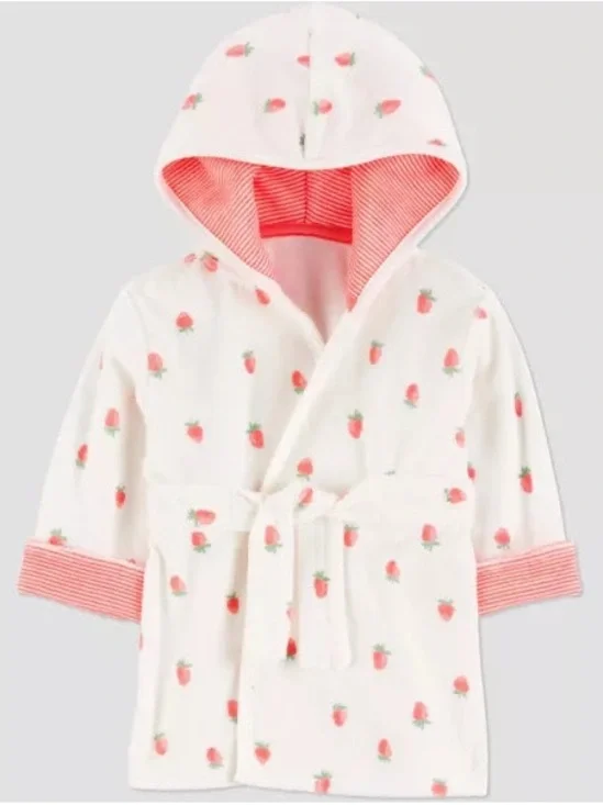 Baby White Hooded Robe with Pink Strawberry Print