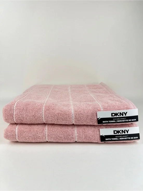 DKNY Bath Towels Eco Melange Light Pink White Soft 100% Cotton 2 Pc Set NEW