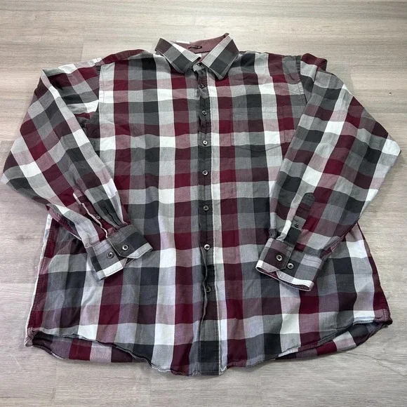 Bullock & Jones Shirt Mens 2XL Red‎ Gray Plaid Long Sleeve Button Up Casual