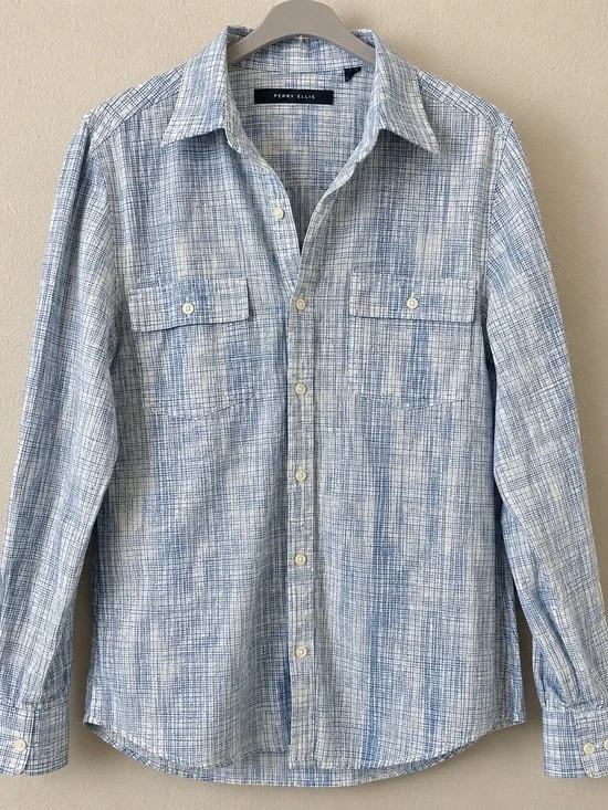 Perry Ellis Men’s Medium Blue White Plaid Button Down Shirt 100% Cotton Coastal