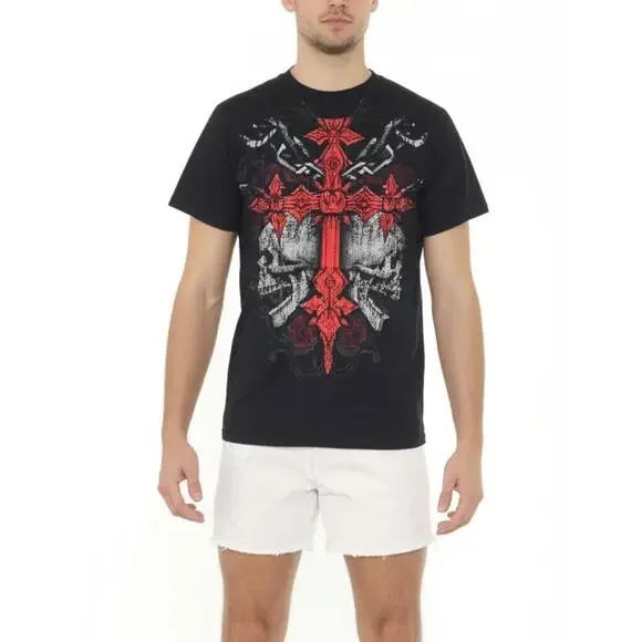 Extreme Couture Graphic Crew Neck T-Shirt Black Skull Cross Gothic Biker Mens XL