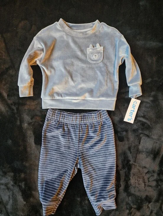 Carter's Light Blue Velour Top & Navy Striped Joggers
