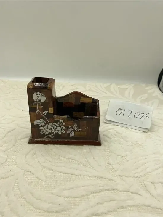 Handmade Laquered Wood Business Card & Pencil Holder With Inlaid Shell Design