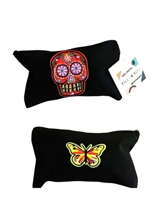 Black Canvas Pencil Case Skull Butterfly Embroidery Zipper Bag Handmade