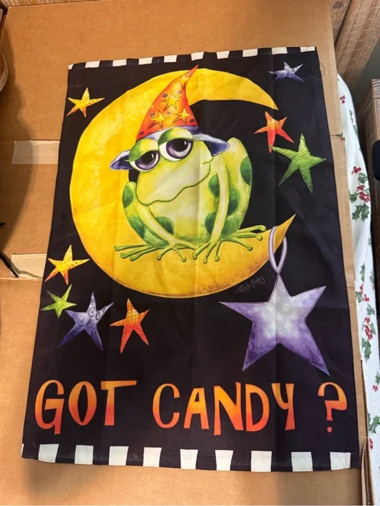 Got Candy? Halloween Frog Decorative Garden Flag - Black and Yellow 28” X 40”