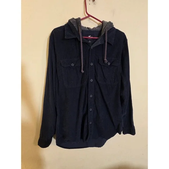 Hollister Mens XL Navy Blue Corduroy Hooded Button Down Shirt Long Sleeve Hoody