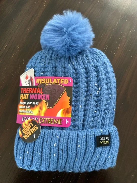Polar Extreme Women's Blue Pom Pom Thermal Beanie