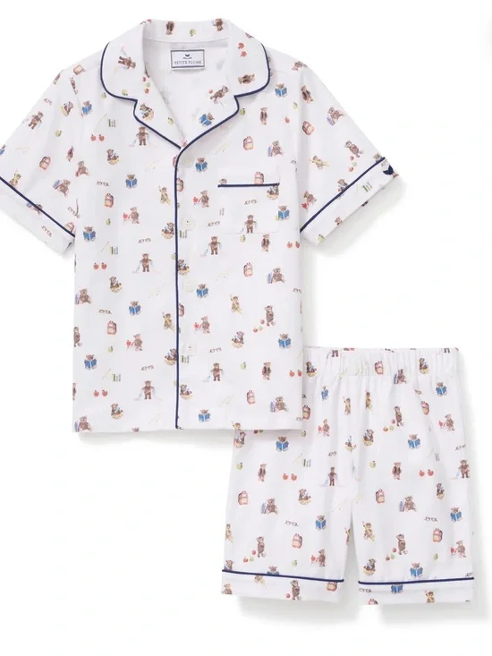 Petite Plume Kid's Twill Pajama Short Set in Teddy Goes To School size 8