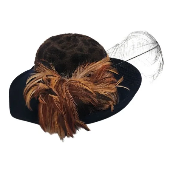 Mr John Classic Vintage Navy‎ Wool Leopard Print Faux Fur Feather Hat New York