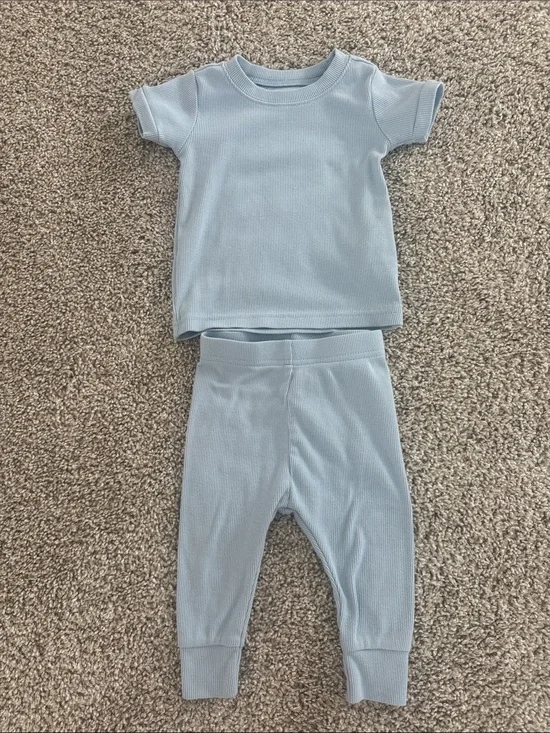 Old Navy Baby Light Blue Ribbed Pajama Set - Short Sleeve Top & Pants