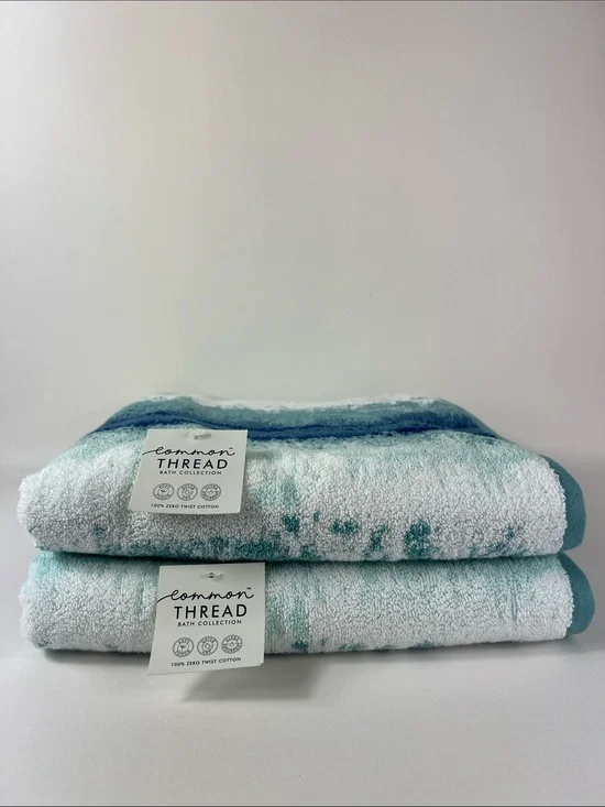 Common Thread Bath Towel Set Blue White Abstract Pattern 100% Cotton 2 pc NEW