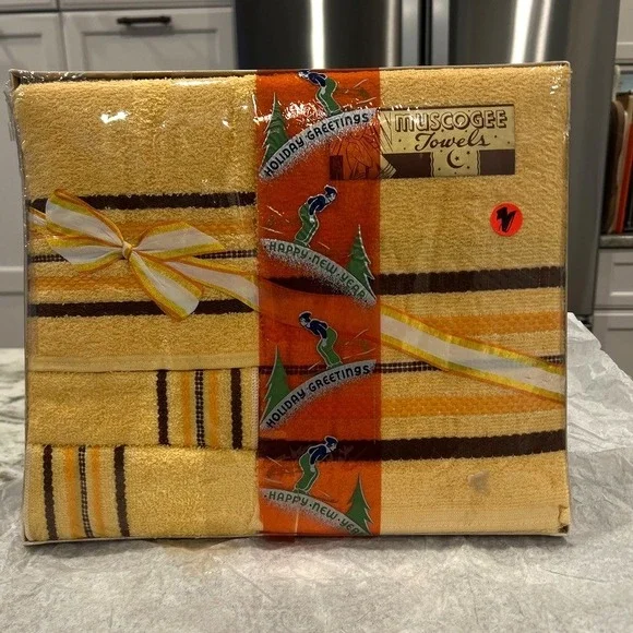 VTG‎ Muscogee Towels Bathroom Towel Set Yellow Brown Mid Century Modern Atomicf