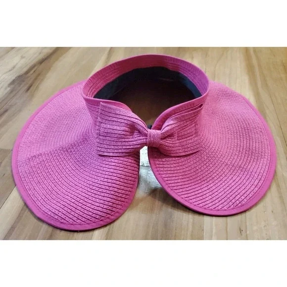 Croft & Barrow Roll Up Packable Sun Visor Ribbed Beach Hat‎ Adjustable Bow Pink