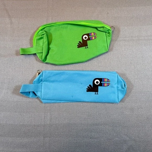 Set of 2 Canvas Toucan Pencil Pouches Green & Blue Zipper Travel Bags 2371