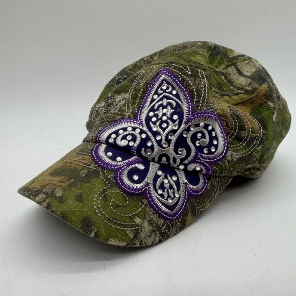KBETHOS Mossy Oak Camo Fleur De Lis Rhinestone Cadet Hat Purple Adjustable Cap