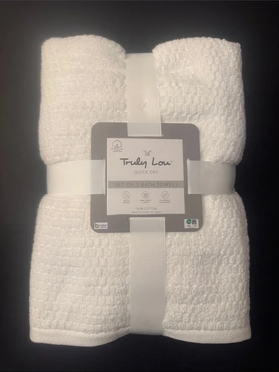2pc TRULY LOU Quick Dry 100% Cotton Zero Twist Loops Bath Towels - White