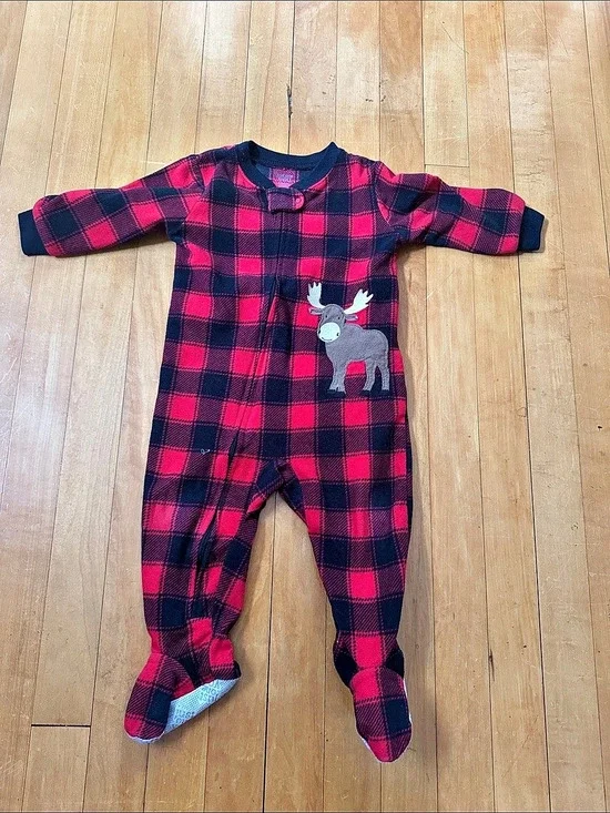 Carter's Baby Plaid moose Footie Red & Black plaid 12M