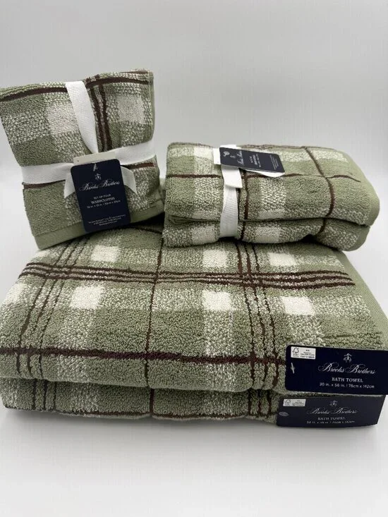 Brooks Brothers 8 Pc Bath Towel Set Sage Green Plaid 100% Cotton NWT