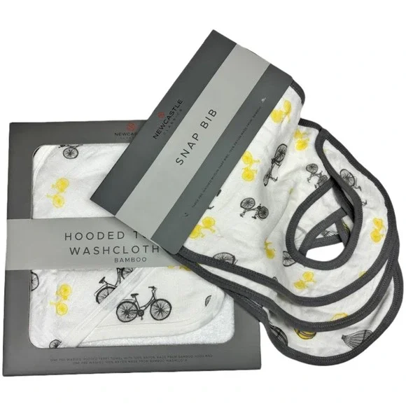Baby Hooded Bath Towel Bamboo Washcloth 3 Bib Lot‎ Bicycle Unisex Rayon Soft Lot