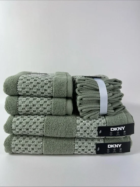DKNY Bath Towel Set Sage Green White Plush Cotton Zero Twist Set of 8 NEW