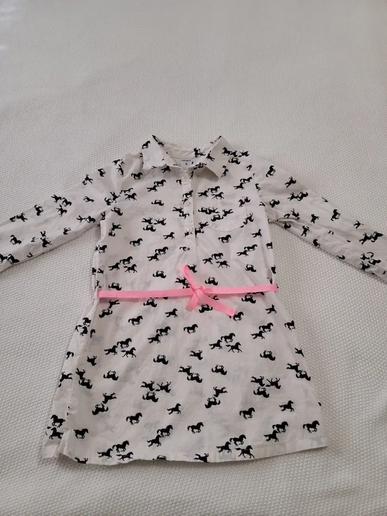 Carter's White Dress with Black Horse Print and Pink Ribbon