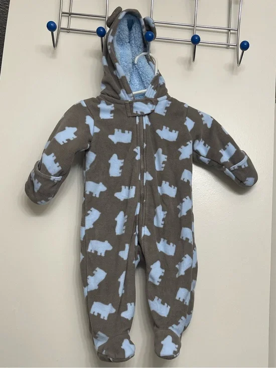 Carter's Brown Fleece Baby Footed One-Piece with Light Blue Bear Print