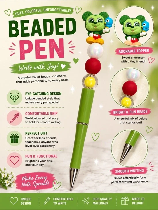 Hand Crafted Green Beaded Pen with Multicolor Beads